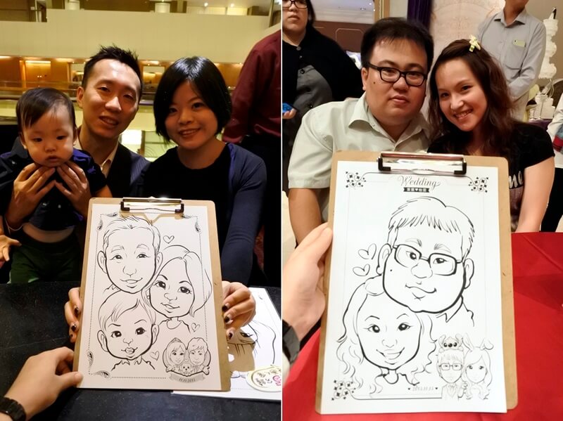 婚禮賓客手持現場完成的 Q 版速寫肖像