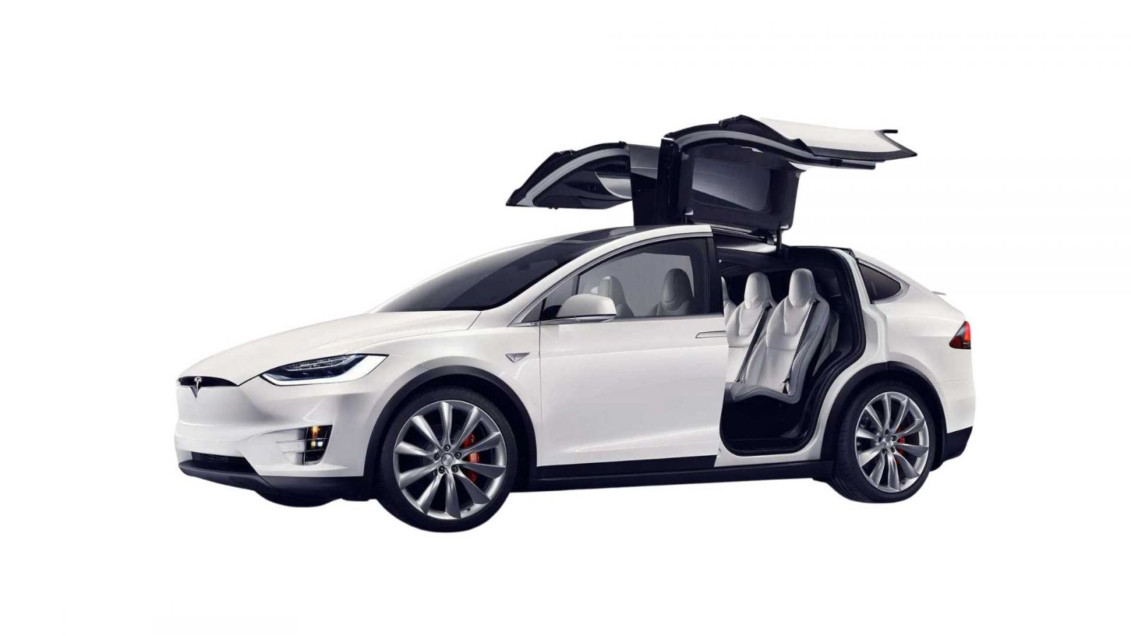 Tesla Model X 白色車款形象照，鷹翼門開啟